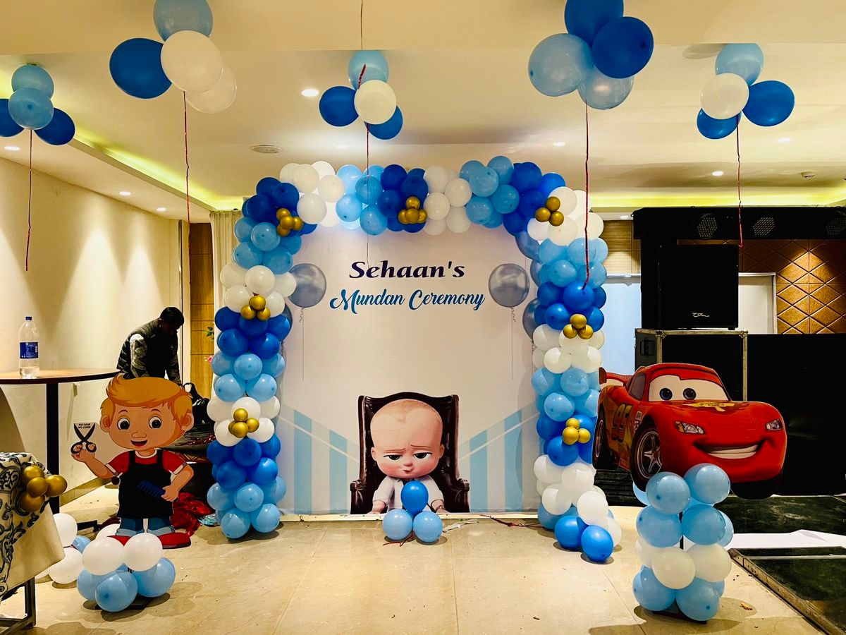 Mundan ceremony decoration with pastel balloons and name foil — Panchkula