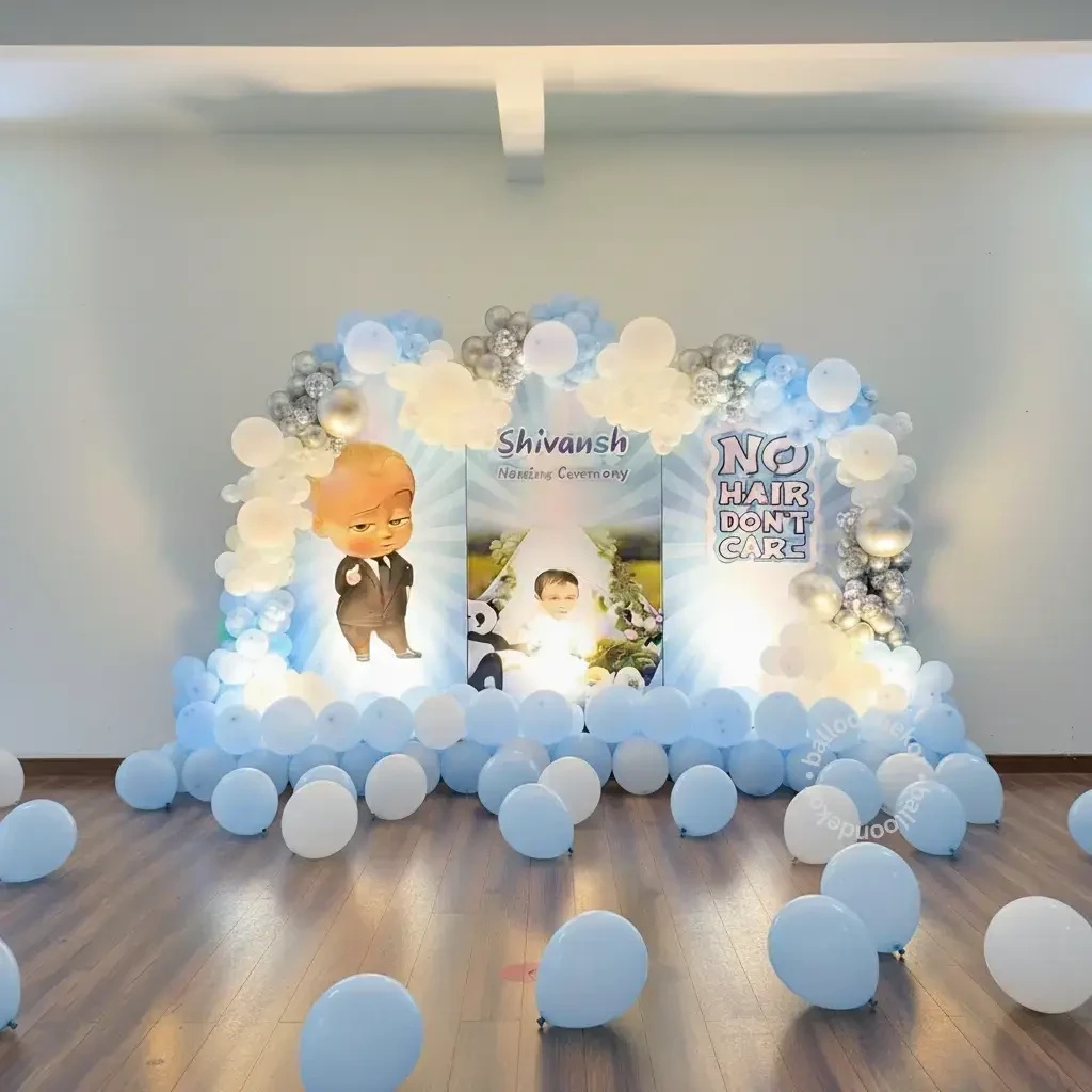 Mundan ceremony decoration with pastel balloons and name foil — Kharar