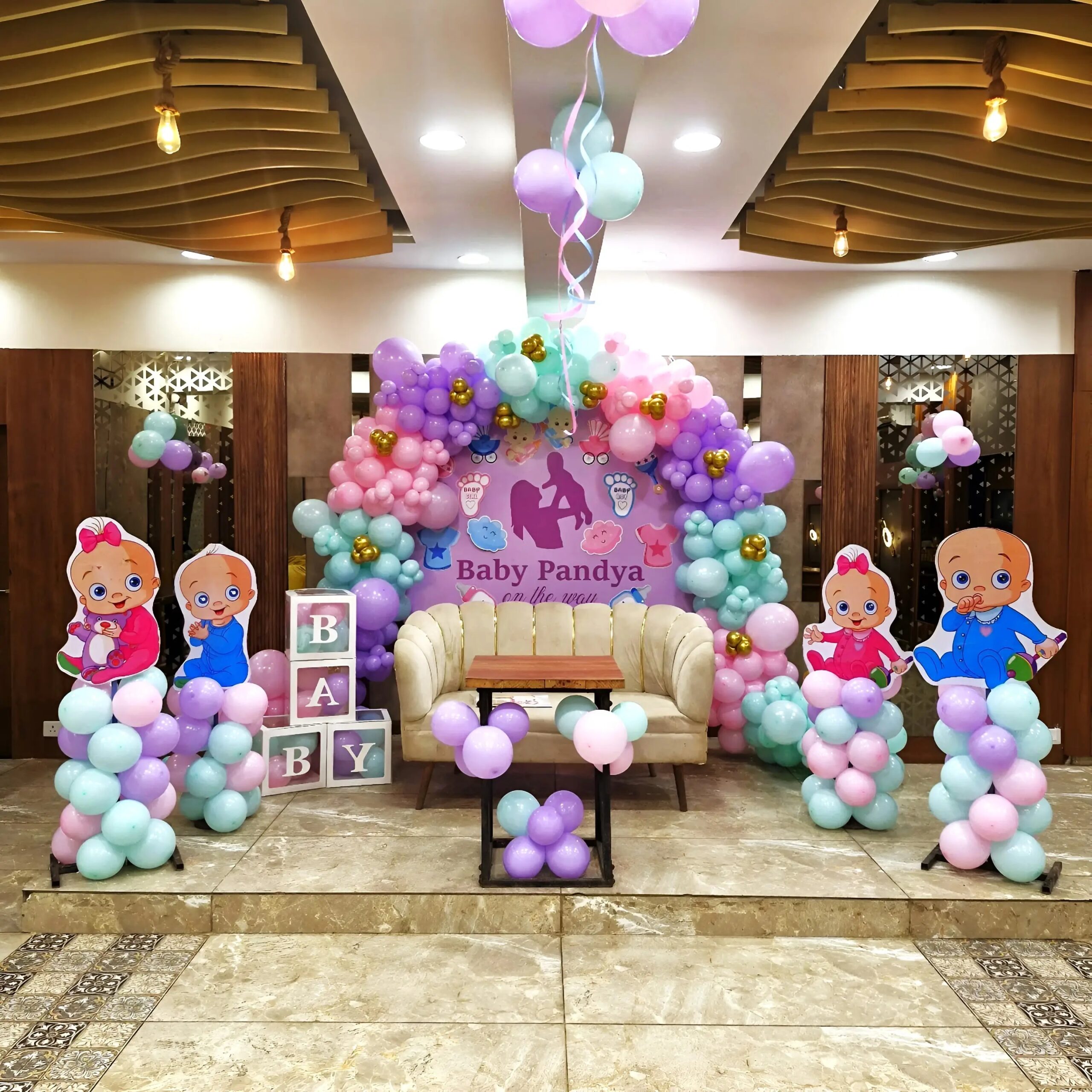 Baby shower and godbharai decoration with pastel balloons — recent real setup