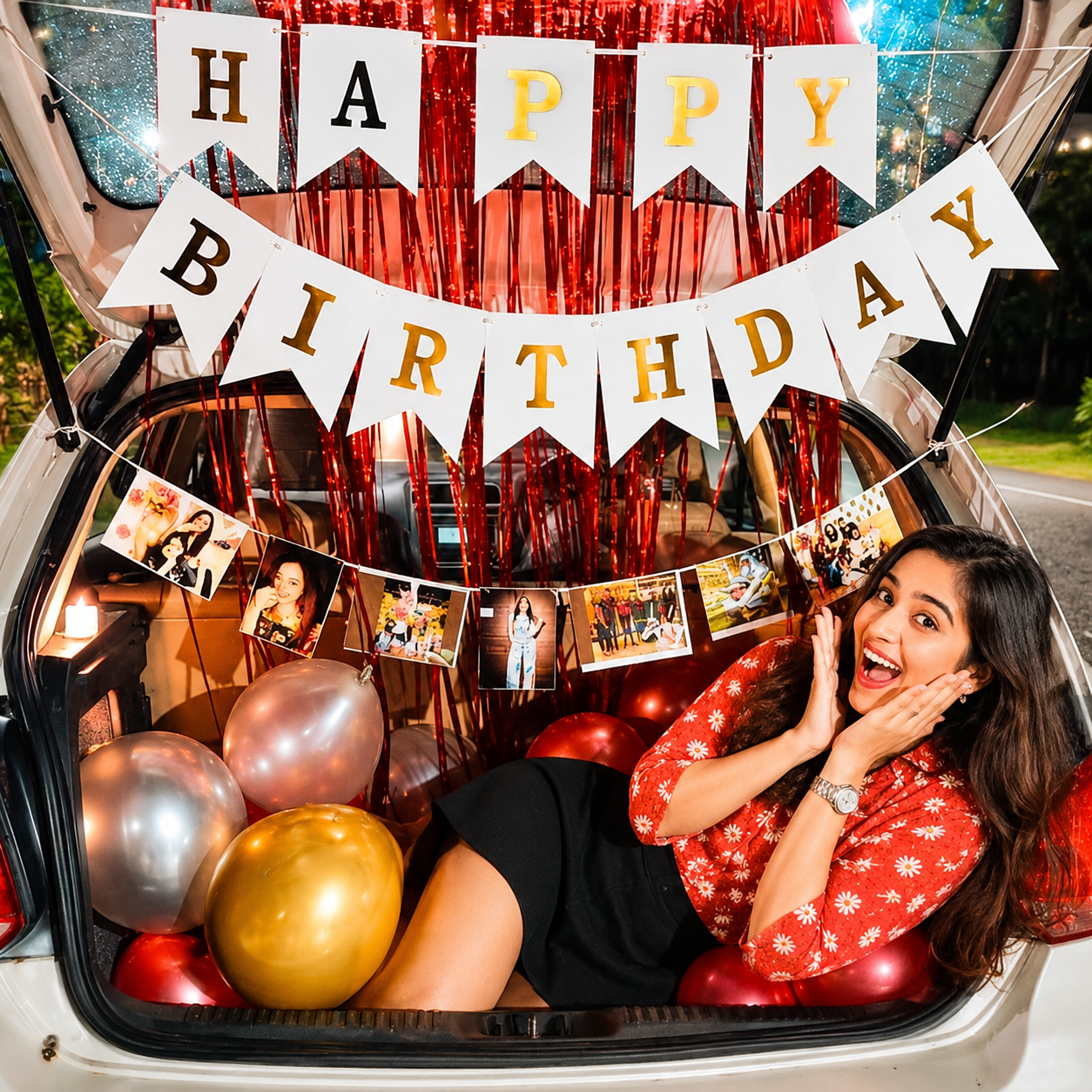 Car boot surprise decoration with balloons and lights — recent real setup